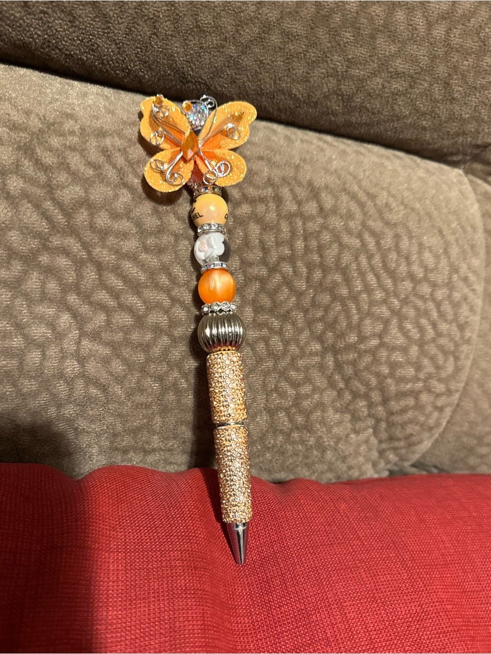 Orange Butterfly Beaded Decorative Pen - Unbranded